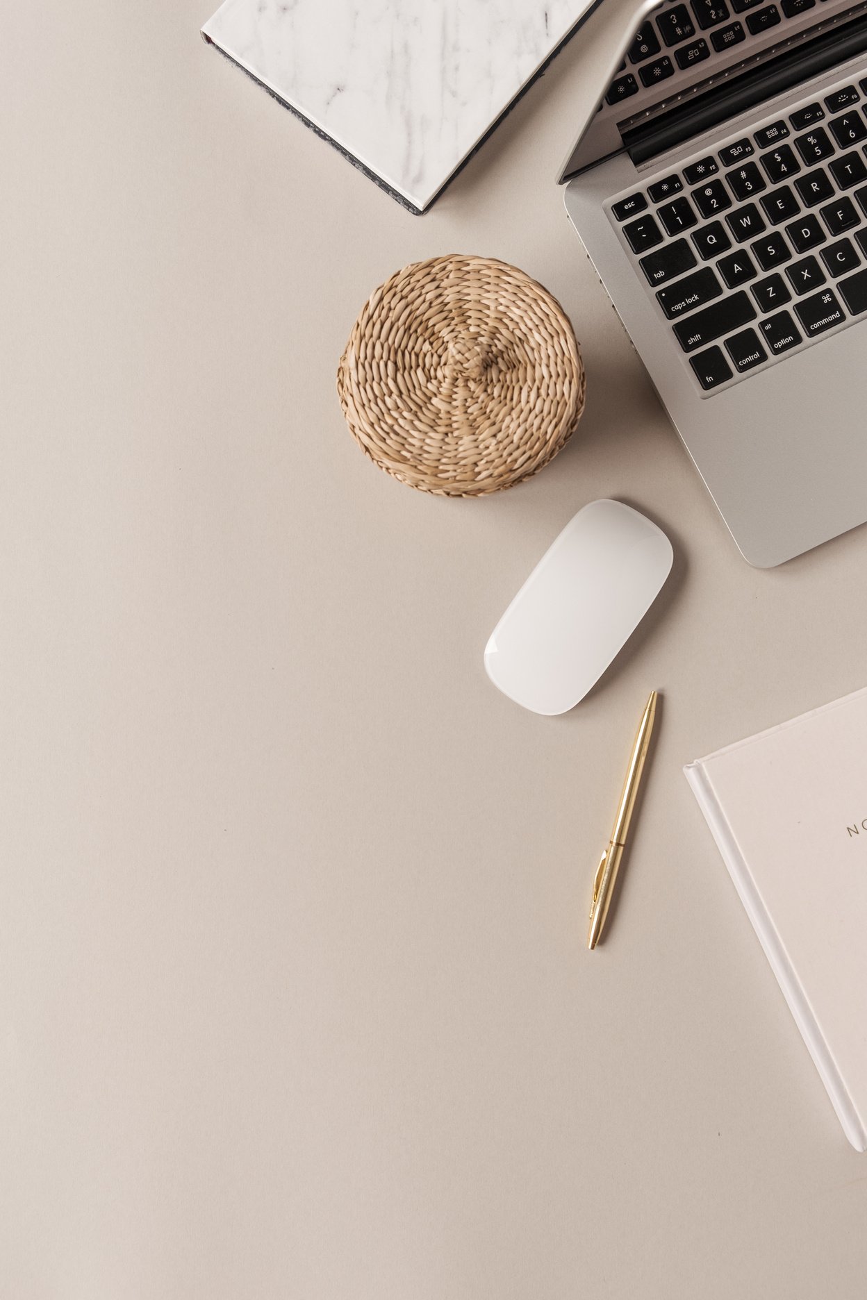 Laptop, Mouse, Pen, and Notebook Flatlay